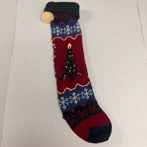 Vintage Hand Knit Christmas Stocking Christmas Tree Snowflakes Pom Pom Red